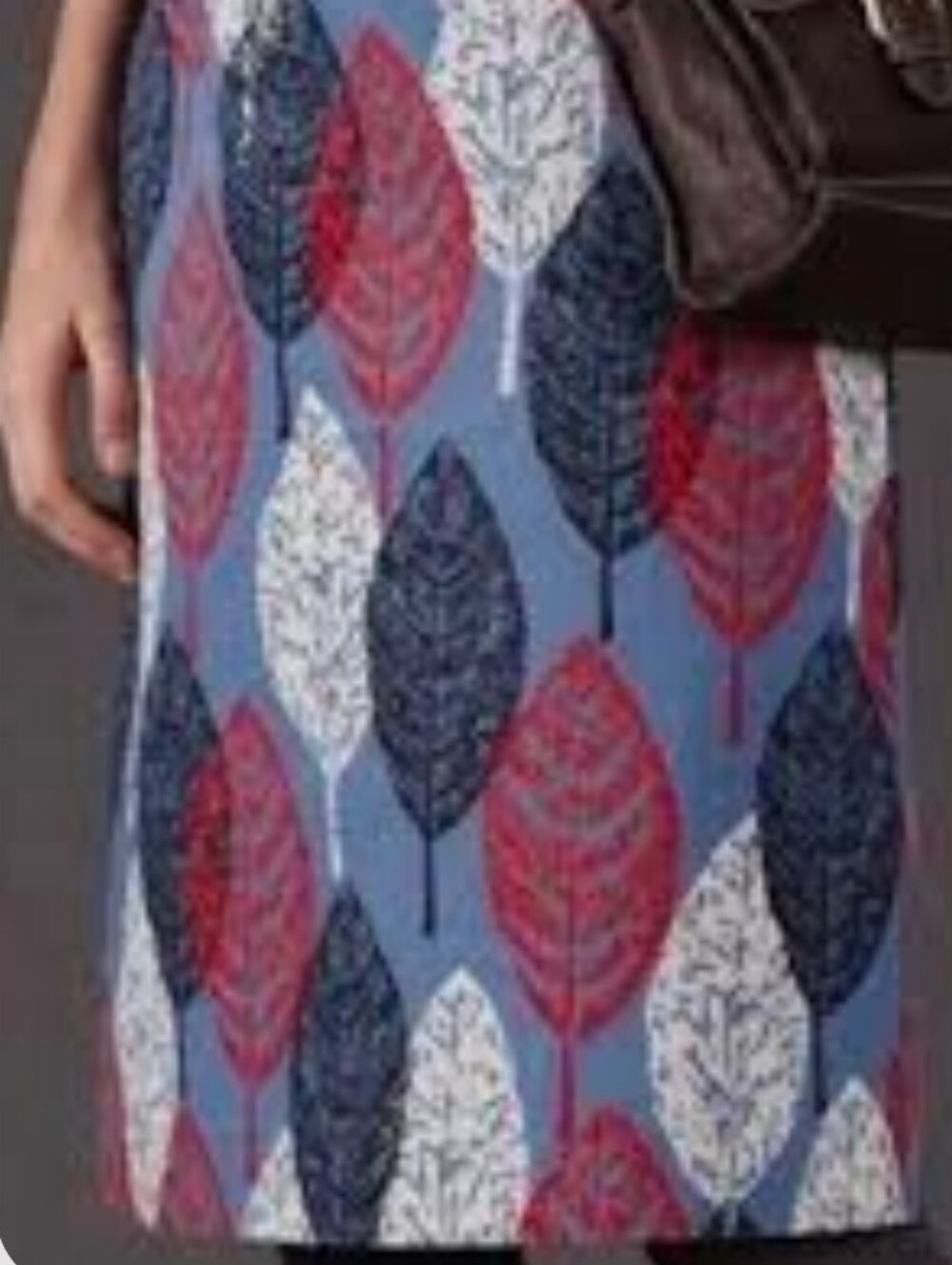Boden Blue Leaf-Print Skirt with Red and Navy Leaves